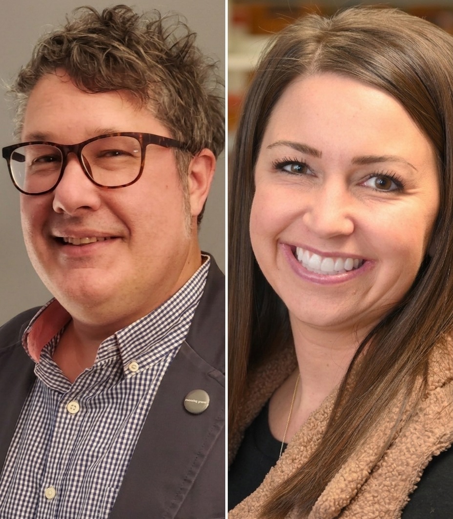 Side-by-side portraits of a smiling Adam Watkins with glasses in a blazer and a smiling Alli Tempel with long brown hair wearing a tan scarf.