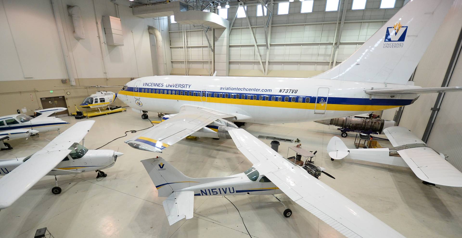 Vincennes University Aviation Technology Center's Main Airplane Hangar from the upper level.