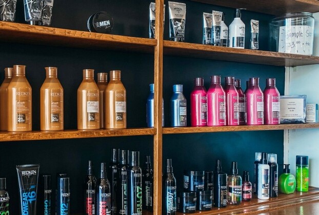 Shelves with beauty products.