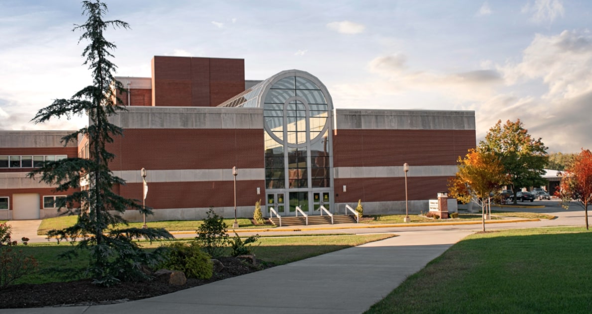 Ebner hall with its unique architecture showcases its large skylight in the bright sun