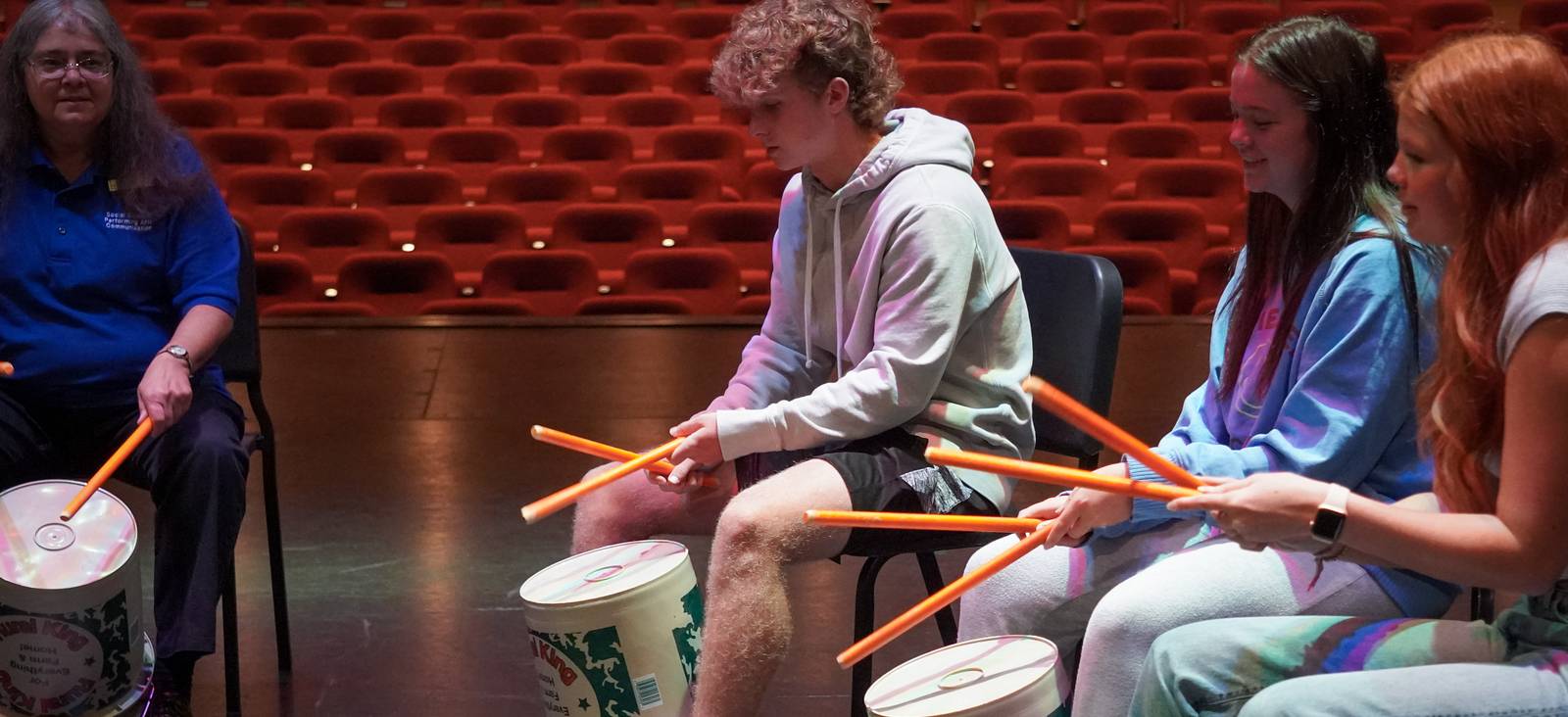 Vincennes University students practice on buckets in the Performing Arts department