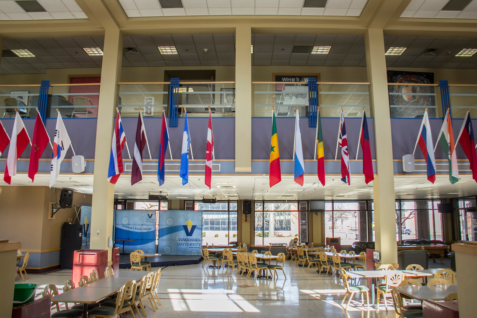 A photograph of the flags hanging in Beckes Student Union