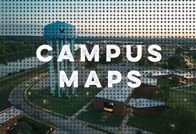 Drone shot of the VU Campus including the watertower with Campus Maps in text overlaid