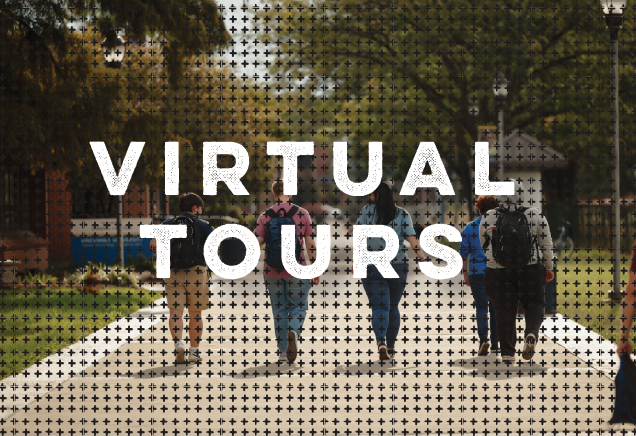 Group of students walking with Virtual Tours in text overlaid